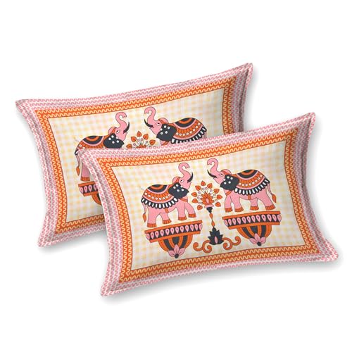 Image of RajasthaniKart Pure 100% Cotton Double Bed Sheet with 2 Pillow Covers (Bedsheet for Double Bed Cotton, Maharaja Elephant Jaipuri, King Size,5303)
