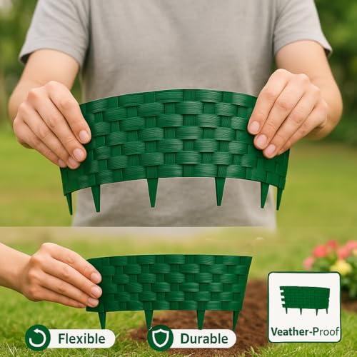 Image of Woven Garden Border Fence Brick Design (10 Pcs) Bamboo - Interlocking Edging Panels | Flexible Weave Fence for Flower Beds, Lawns & Pathways
