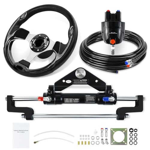 QYMOPAY 300HP Hydraulic Outboard Steering Kit, Marine Hydraulic Steering System with Bi-Directional Locking Cylinders and 26 ft High Strength Nylon Hose, Single Station, Single Engine Use