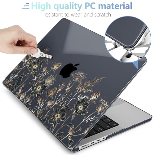 Image of MEEgoodo Case for M5 MacBook Pro 16 inch Case 2026 2024 2023 2021 with M5 M4 M3 M2 M1 Pro /Max Chip, Fit Model A3429 /A3428 /A3403 /A3186 /A2991 /A2780 /A2485, Golden Flowers & Herbs