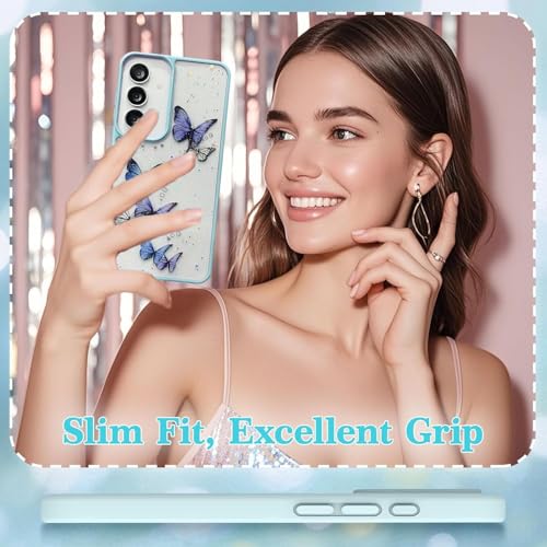 Image of VONZEE for Samsung Galaxy S25 FE 5G Clear Glitter Butterfly Case, Cute Bling Sparkle Shiny Soft Silicone TPU Bumper Shockproof Women Girls Slim Protective Phone Cover for Galaxy S25 FE 5G, Mint Green
