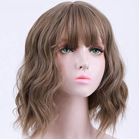 Chisu Short Bob Wig with Fringe Wavy 14 inches Synthetic Wigs For Women Grey-Blond Color Cover