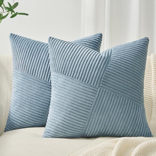 Topfinel Kissenbezug 45x45 Graublau Kordsamt 2er Set Windmühle Streifen Muster Kissenbezüge Kissenhülle Dekokissen Sofakissen Patchwork Design Deko Wohnzimmer Bett Schlafzimmer Sof