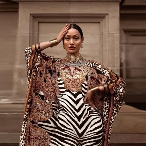 Leopard Zebra Beach Cover ups Women's Turkish Caftan Silk Wrinkle Ethnic Print Plus Size Muslim Kaftans Animal Print Batwing Sleeve Over Sized Caftans Lounge wear Maxi Beach Dress G059 (A-Leopard)2