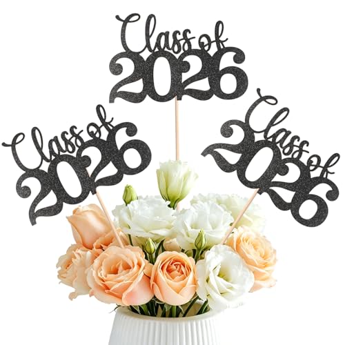 Graduation Centerpieces for Tables 24 PCS Black Double-Sided Glitter Class of 2026 Graduation Decorations with Sticks Grad Party Decorations