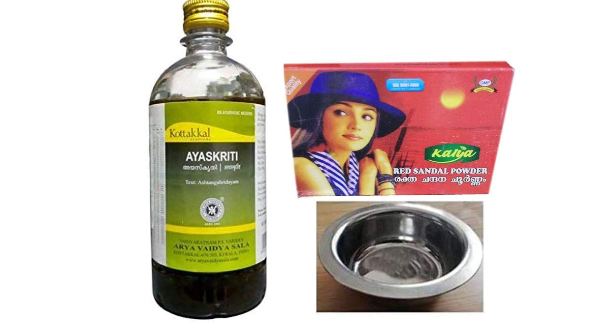 Arya Vaidya Sala Ayaskriti Arishtam 450ml, with Kalya Red Sandal Powder - 25g & Nimita Stainless Steel Oil Bowl (8x3cm)
