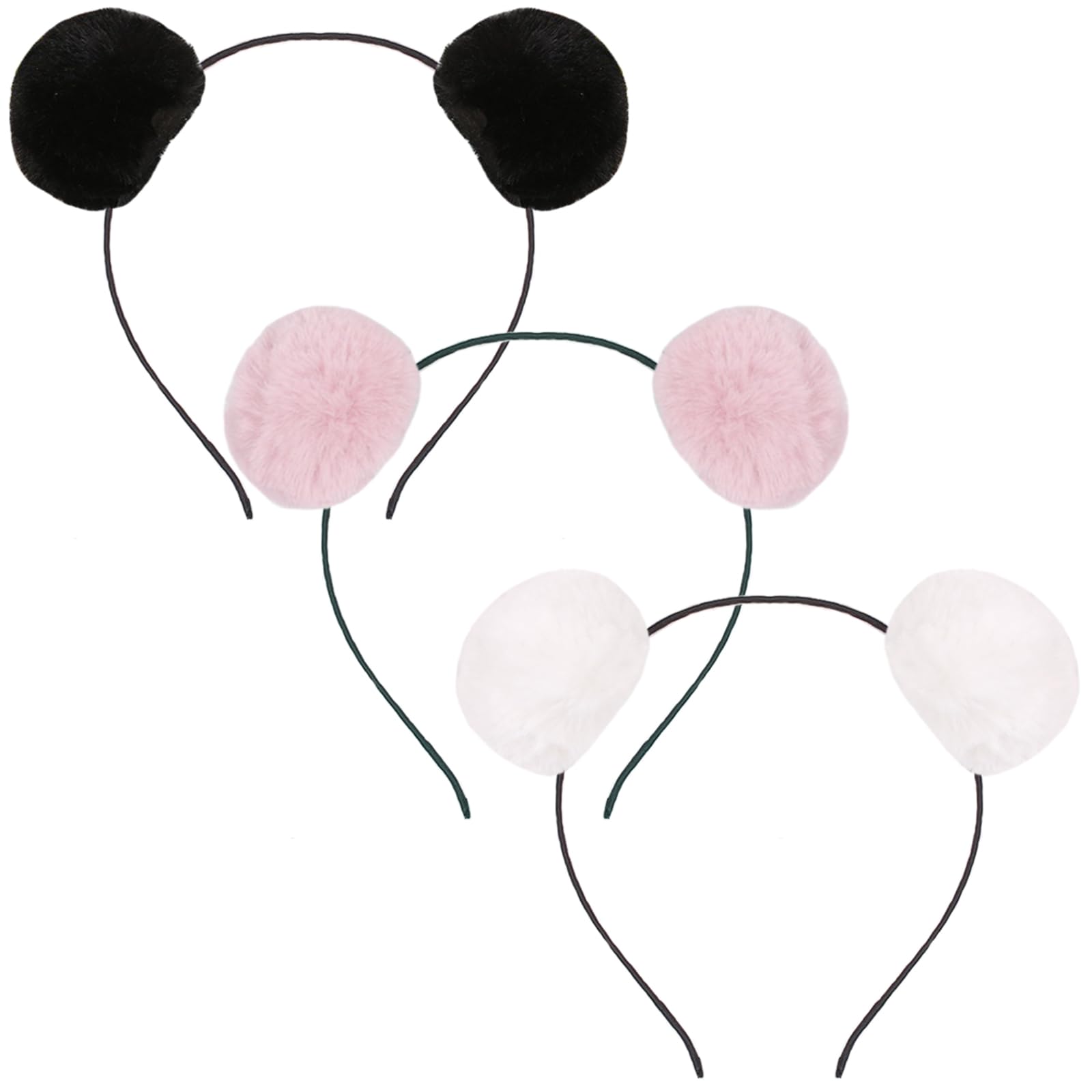 DALJIAFA 3 Pcs Halloween Panda Ears Headband Panda Hair Hoops Headpiece Women Animal Hair Bands Hairband Birthday Cosplay Dress Up Masquerade Holiday Festival Parade Party Accessories Black White Pink