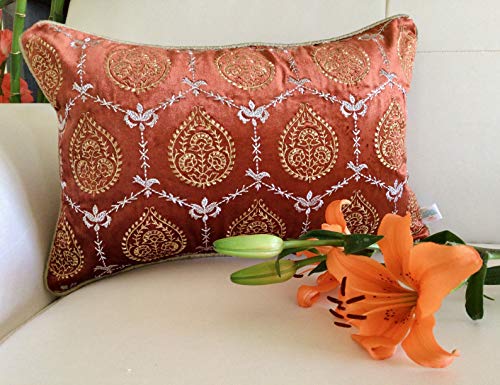 Image of TARA- Sparkling Homes 12 x 18 Inches Embroidered Velvet Cushion Covers, 'Padmini' from 'The Royal Collection', Set of 1 (Burnt Orange, 12 x 18 Inches)