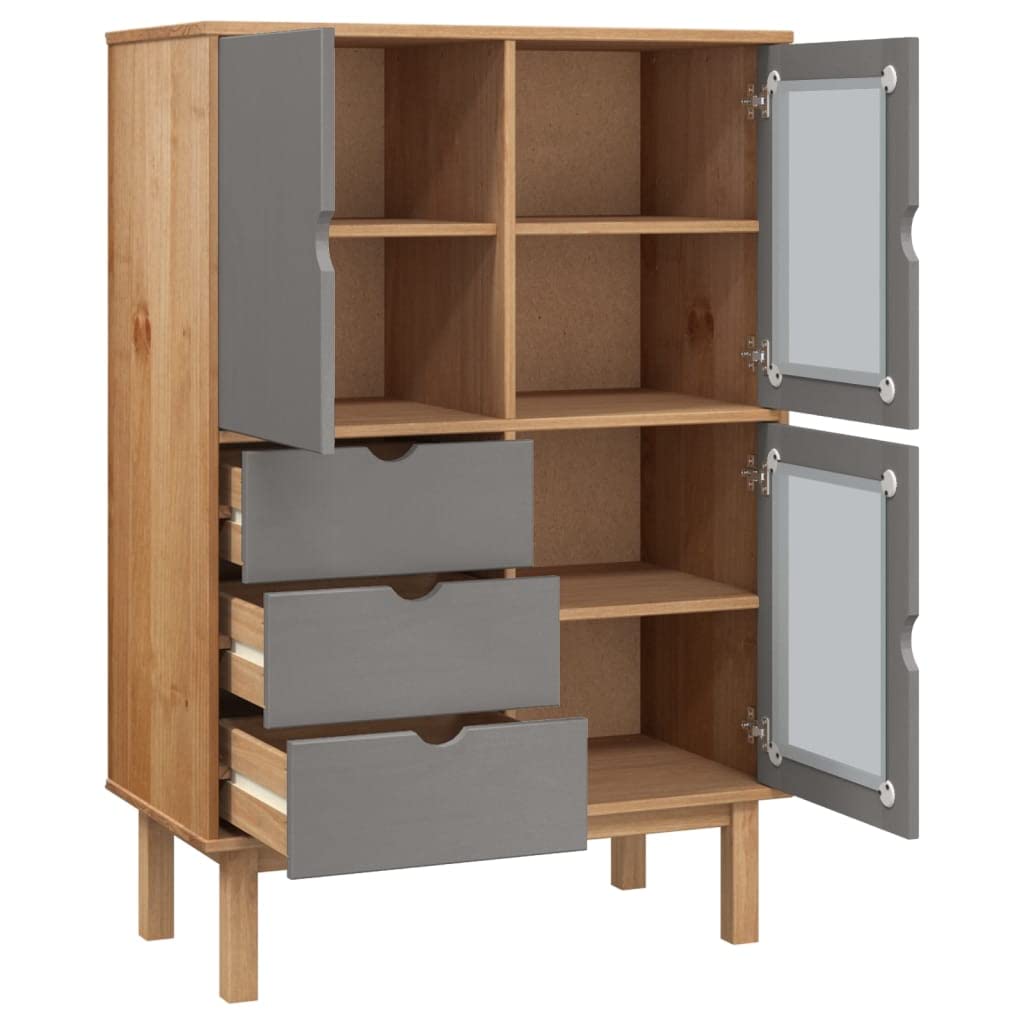 Highboard OTTA brązowy i szary 85 x 43 x 125 cm lite drewno sosnowe Living Room Cabinets szafka barowa szafka bufetowa kuchnia szafka na naczynia do deserów, kuchni, kawiarni, salonu