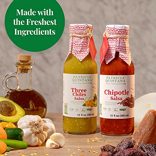 Patricia Quintana Chipotle Salsa and Three Chiles Salsa Duo Pack - Authentic Artisanal Mexican Salsas - Perfect topping to your tacos, burritos, enchiladas or other favorite foods (12 oz, 2 Bottles)