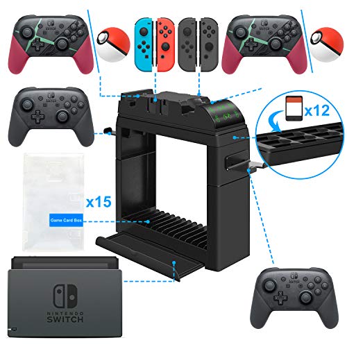 Charging Dock for Nintendo Switch Joy-Cons, Pro Controller and Poke Ball Plus Controller, Multifunctional Storage Rack Stand Kit for Nintendo Switch and Switch Accessories