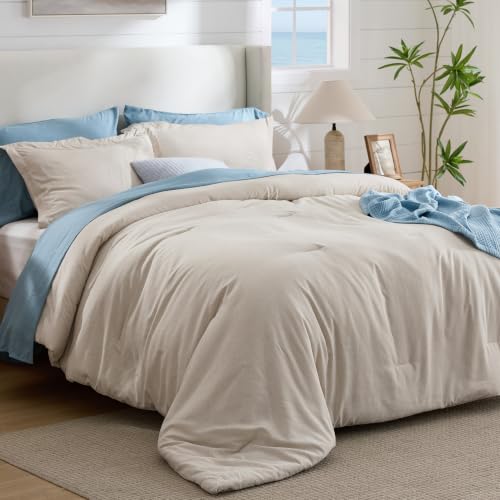 Bedsure Queen Comforter Set - Beige Soft Bedding for All Seasons, Cationic Dyed Bed Set, 3 Pieces, 1 Queen Size Comforter (90'x90') and 2 Pillow Shams (20'x26'+2')