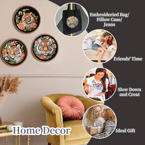 Image of FONNUY Tiger Floral Embroidery Kit, Cross Stitch Kits for Beginners, Handmade Crafts with Printed Patterns for Beginner Adults, Easy to Follow Color Thread Needlework, 8'' Hoop