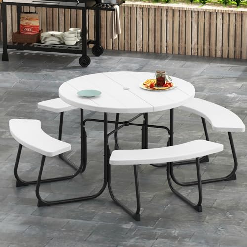 GIANTEX Ensemble de meubles de jardin pour 8 personnes, table de jardin ronde avec 4 bancs, table à bière avec trou pour parasol, salon de jardin résistant aux...