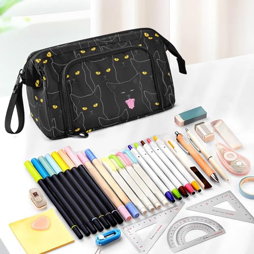 Image of Fisyme Black Cats Pattern Pencil Case Large Capacity Pencil Pouch Pen Bag Box Big Makeup Pencil Case Organizer