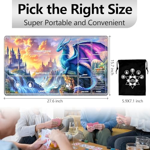 Image of for MTG Playmat with Card Storage Bag,Non-Slip Rubber Base & Smooth Surface 27.6x15.7in,Beginner-Friendly Magic Mat for Commander Deck,Dragon Castle