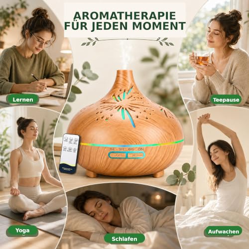Aroma Diffuser 550ml Ultraschall Luftbefeuchter Holzoptik mit Fernbedienung, 7 LED Farben mit Dimmen & Helligkeit,Timer 1/3/6H, Aromatherapie Diffuser für Schlafzimmer, Wohnzimmer, Yoga & Büro – Bild 4