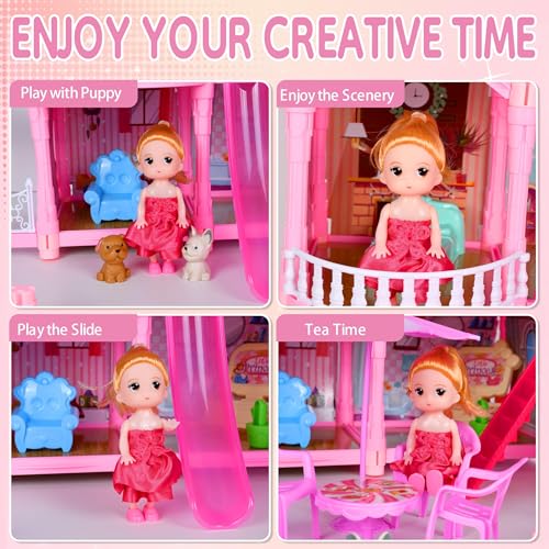 Image of OCTERIC Doll House for Girls ,10 Rooms Pink Doll House with Dolls Figure, Puppies ,Furnitures, Accessories, LED Light, Toddler Playhouse Gift for for 3 4 5 6 7 8 9 10 Year Old Girls Toys (6 House)
