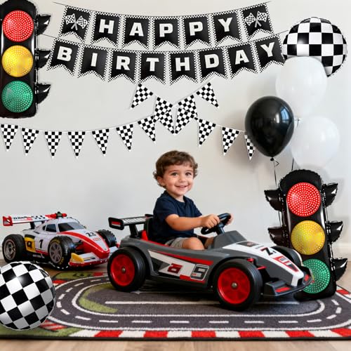 Image of Race Car Birthday Party Decorations with Traffic Light Balloons,Automobile Party Decor for Kids Include Transportation Light Balloons Happy Birthday Banner Checkered Pennant Banner Checkered Balloon