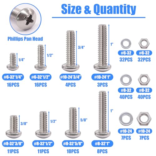 Bemaka Nuts and Bolts Assortment Kit, 304 Stainless Steel Bolts 8 Sizes #6-32#8-32#10-24 Phillips Pan Head Machine Screws, Assorted Bolts, Nuts and Washers Kit (237PCS) - Image 2