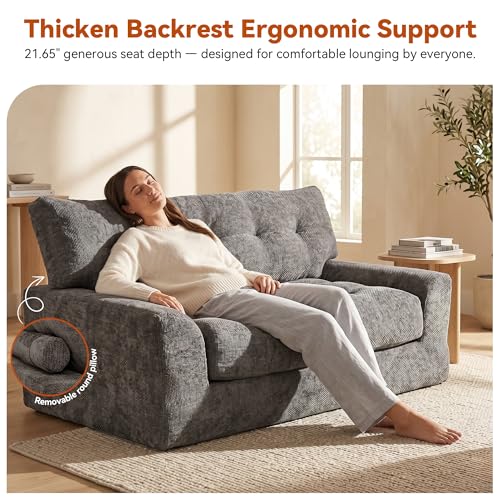 Image of MONVANE 55.5 inch Convertible Loveseat Sofa Bed, 2-in-1 Boneless Sleeper Sofa Couch with Storage Pocket, Comfy Chenille Deep Seat Couch for Living Room, No Assembly Required, Dark Grey