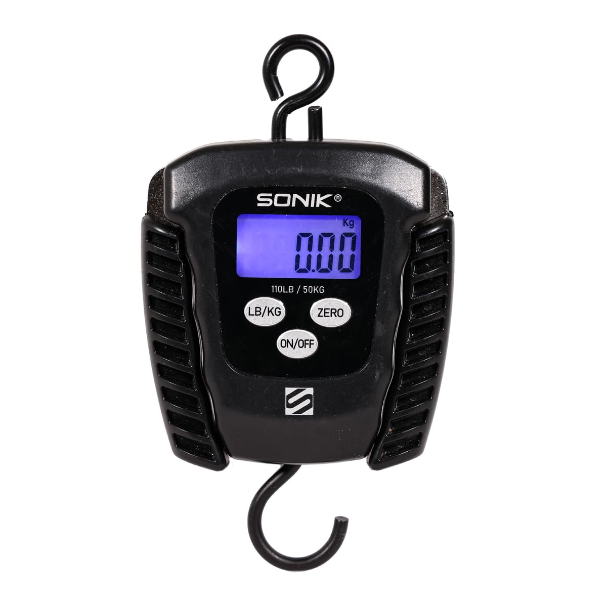Sonik Digital Folding Scales with display showing 0.00 kg, and buttons for LB/KG, ZERO, and ON/OFF. The scale has foldable handles and a hook at the bottom.
