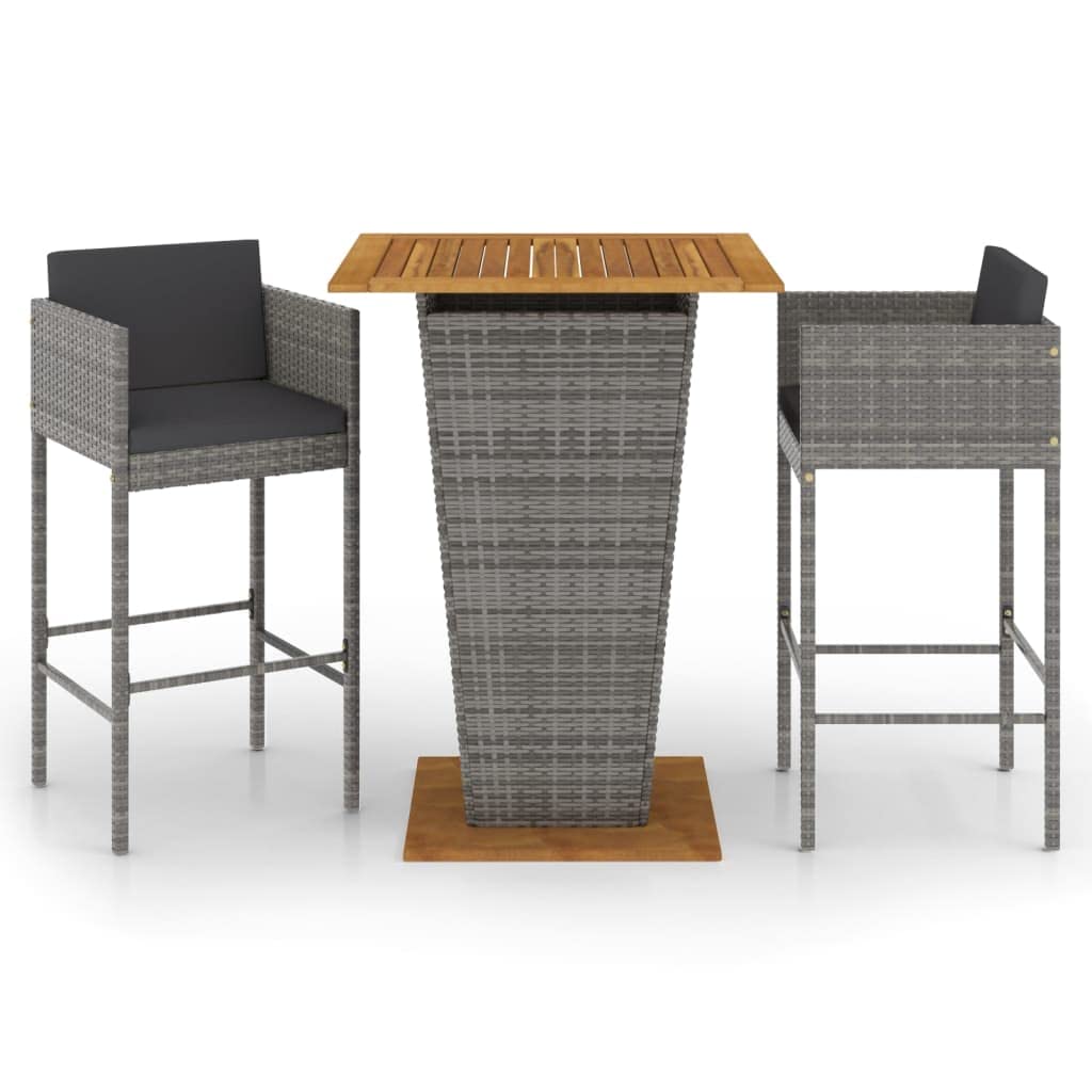 vidaXL Set de Muebles Bar Jardín 3 Piezas y Cojines Mesa Silla Asiento Patio Terraza Balcón Barra Bistró Muebles Mobiliario Ratán Sintético Gris