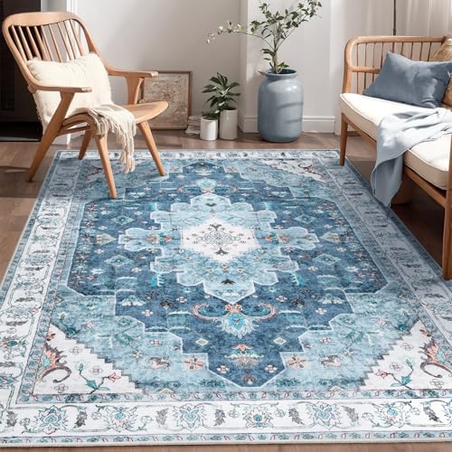 SERISSA Area Rug 4x6 Boho Rugs for Bedroom, Vintage Blue Washable Non Slip Rugs, Ultra Soft Print Distressed Low-Pile Throw Rug Carpet for Nursery Dorm Kitchen Living Room Decor