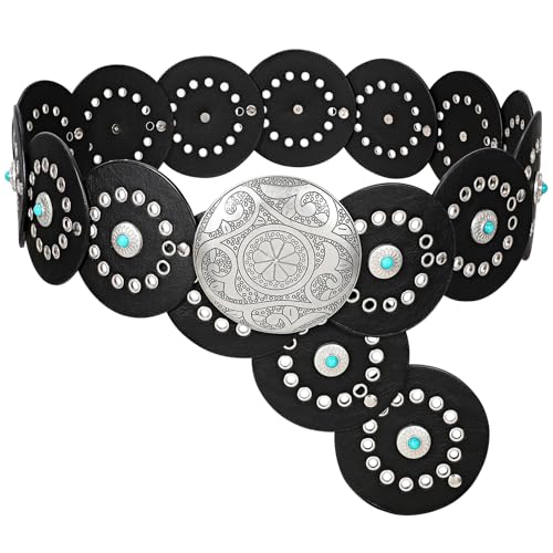 Image of XZQTIVE Western PU Leather Belts for Woman Concho Cowgirl Cowboy Disc Belt for Ladies Wide Boho Country Waist Belts for Dress