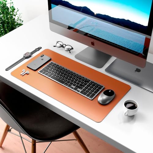Image of Bellblock Large Extended Reversible Desk Mat /Mouse Pad /Gaming Pad for Office /Home| Vegan Leather | Anti-Skid, Slip-Resistant, Splash-Proof | Blue & Tan | 60x30cm