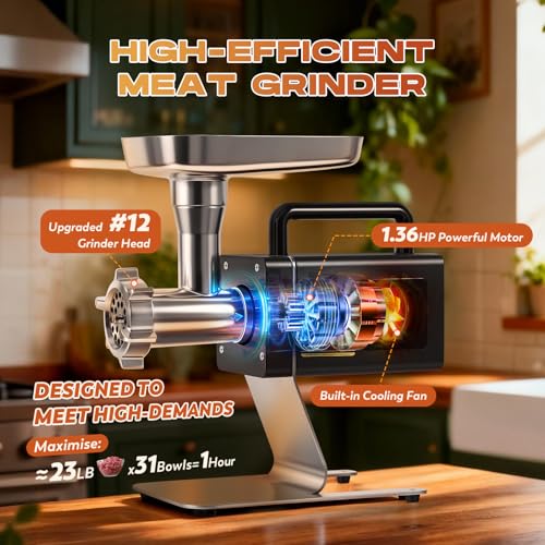 Image of CGOLDENWALL Meat Grinder, 1.36HP Electric Meat Grinding, Heavy Duty Stainless Steel Meat Mincer & Sausage Stuffer with 5-Speed for Effortless Meat & Bone Processing, Home Kitchen & Commercial Use