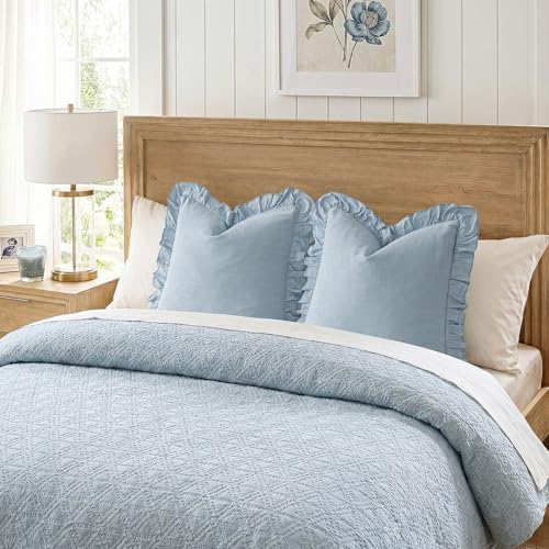 Image of Foindtower Set of 2 Decorative Linen Fringe Ruffle Throw Pillow Covers Soft Boho Farmhouse Cushion Cover Cozy Accent Retro Pillowcase for Couch Sofa Bed Living Room Home Decor,20x20 Inch,Sky Blue