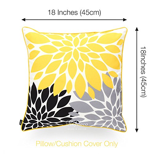 Hofdeco Decorative Throw Pillow Cover Indoor Outdoor Water Resistant Canvas Vivid Yellow Grey Black Blooming Flower 18"X18" Set Of 2 #TOP2