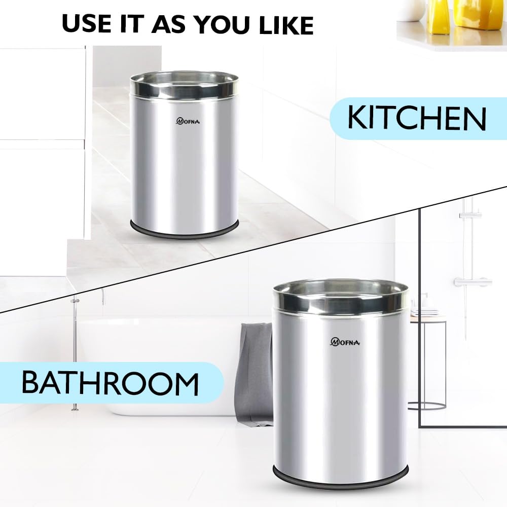 mofna Stainless Steel Open Type Solid Dustbin Without Lid - Recycle Bin, Trash Can, Paper Bin - Modern and Durable Waste Management Solution (10x14 Inch, 18 Liter, Silver) 3