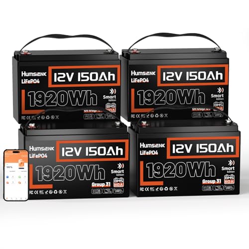 Image of HumsiENK 4 Pack 12V 150Ah LiFePO4 Lithium Battery with Bluetooth, 1920Wh