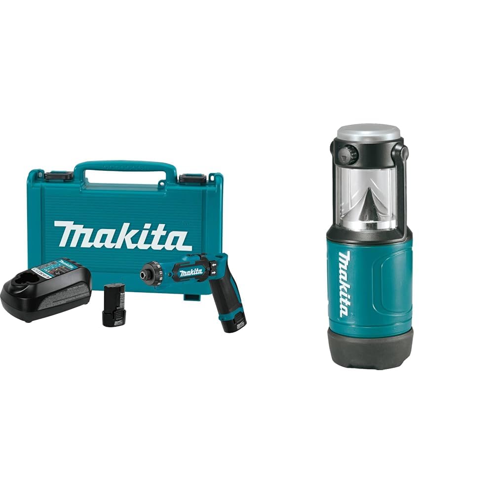 Makita DF012DSE 7.2V Lithium-Ion Cordless 1/4" Hex Driver-Drill Kit with Auto-Stop Clutch &amp; ML102 12V max LED Lantern/Flashlight Bundle