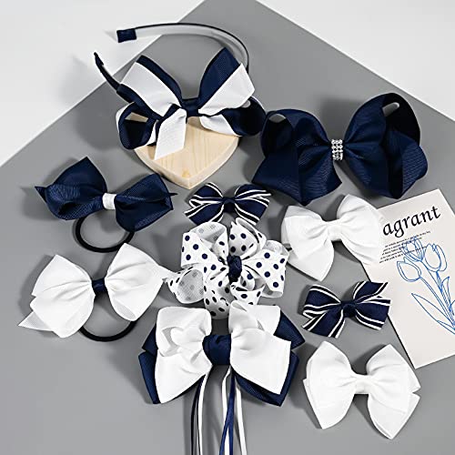 Deeka School Uniform Hair Bows Set Hair Clips Accessories For Girls Headband And Ponytail Holders Multi-Styled School Bows Set For Little Teen Toddler Girls -Navy/White #TOP6