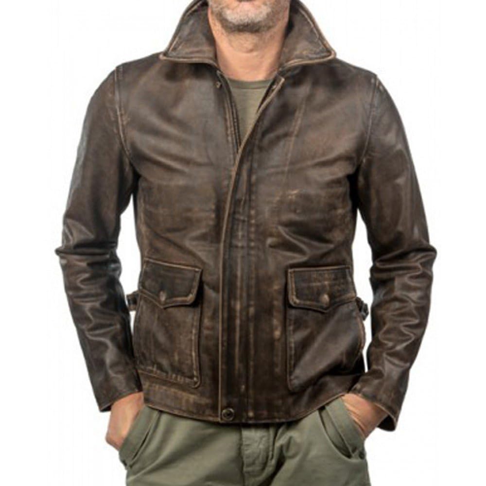 Men’s Classic Action Cowboy Distressed Brown Indiana Harrison Vintage Lambskin Bomber Leather Jacket