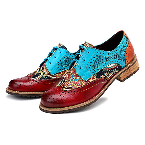 CrazycatZ Women's Leather Oxford Shoes Perforated Lace up Wingtip Colorful Leather Oxfords Vintage - Image 5
