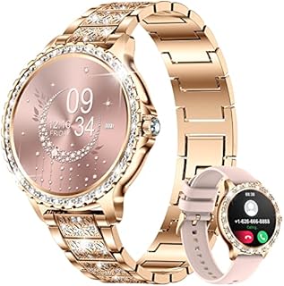Smart Watch Frauen Bluetooth Anrufe für Android iOS Telefon Sport Fitness Activity Tracker Weiblich 1,32" HD Full Touch Screen Herzfrequenz Schlaf Monitor Diamant Damen Rose Gold Stahl Smartwatch