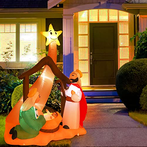 Whaline Christmas Inflatable Nativity Scene With Led Lights 6.6Ft Christmas Yard Inflatable Decoration Xmas Star Lighted Blow Up Decor For Christmas Holiday Indoor Outdoor Lawn Patio Garden Props #TOP1