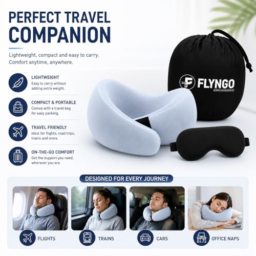 Image of FLYNGO Memory Foam Neck Pillow for Travelling, Car, & Flight Head Rest Travel Neck Support Pillow with Adjustable Velcro Strap, Eye Mask (Ice Blue)