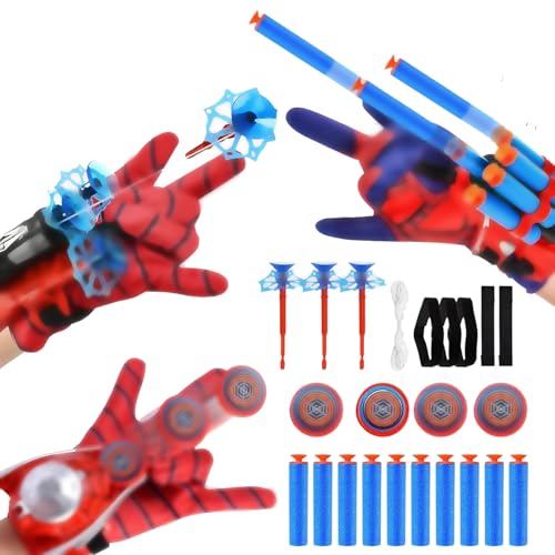 3 Set Juegos de Guantes de Lanzador, Lanza Telarañas Spider, Spiderm Launcher Glove, Guantes Spider Lanza Telarañas, con Dardos Ventosa y Disco Volador, para Niños Juguetes Educativos Divertidos