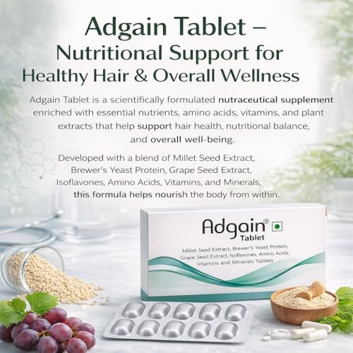 Image of Cipla Adgain Hair Growth Tablets | Biotin, Amino Acids, Multivitamins for Hair Fall Control | 1 strip (Strips)