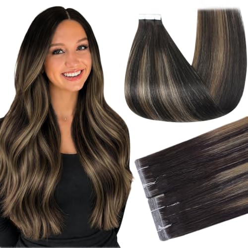 Full Shine Injected Tape In Extensions Human Hair, Brown Balayage 22 Inch