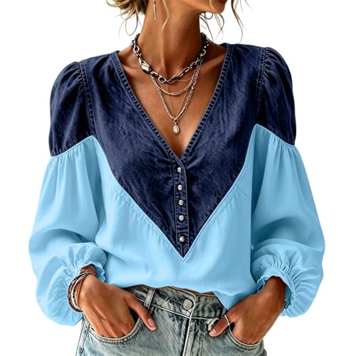 Floral Tops for Women Button Denim Patchwork Puff Long Sleeve V Neck Shirts - image 1