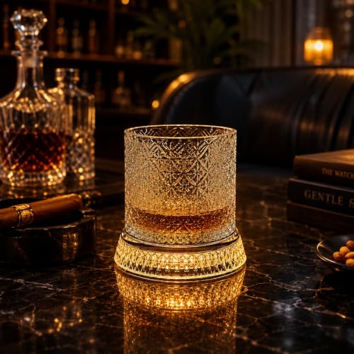 Image of PrimeWorld Premium Rotating Whiskey Glasses - 300ml | Set of 6 | LED Button Cell 360 Spinning Crystal Old Fashioned Tumblers | Lead-Free Carved Cut Rocks Glasses for Whiskey, Scotch, Bourbon, Brandy