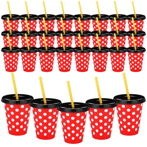 Sliner 24 Pcs 16 oz Reusable Plastic Cups Themed Plastic Tumbler with Lid and Straw Drinking Cup for Birthday Party Supplies Favors(Mouse)