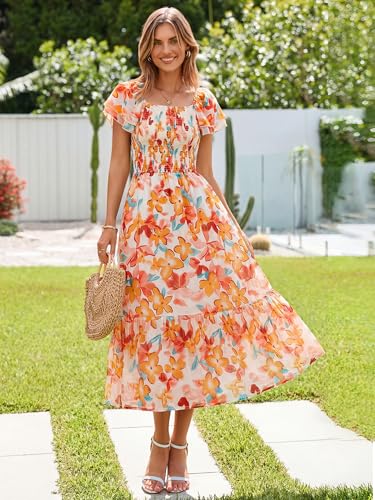 Simplee Womens Summer Floral Maxi Dress Flowy Flutter Sleeve Smocked Wedding Guest Square Neck A Line Tiered Casual Dresses Yellow Red — view 2