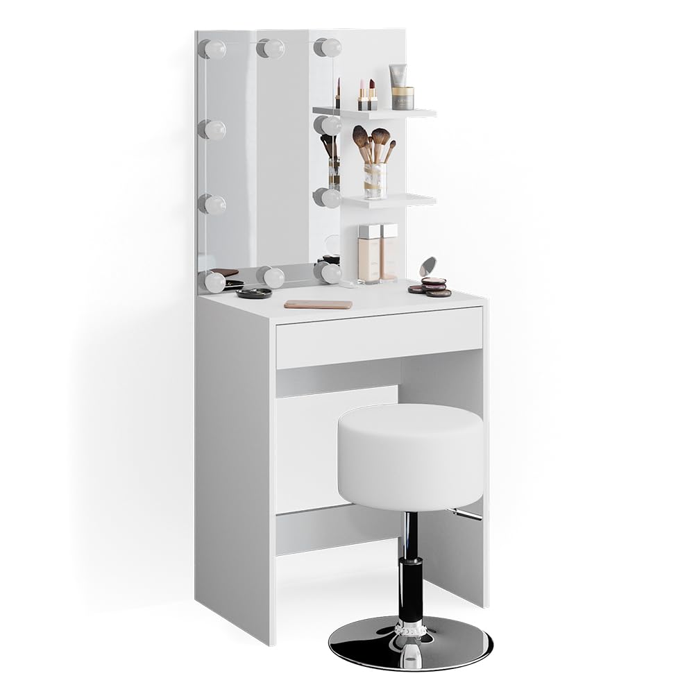 Vicco Schminktisch Isabelle, Weiß, 60 cm | mit LED Beleuchtung und Hocker, Platzsparend und funktional zugleich
